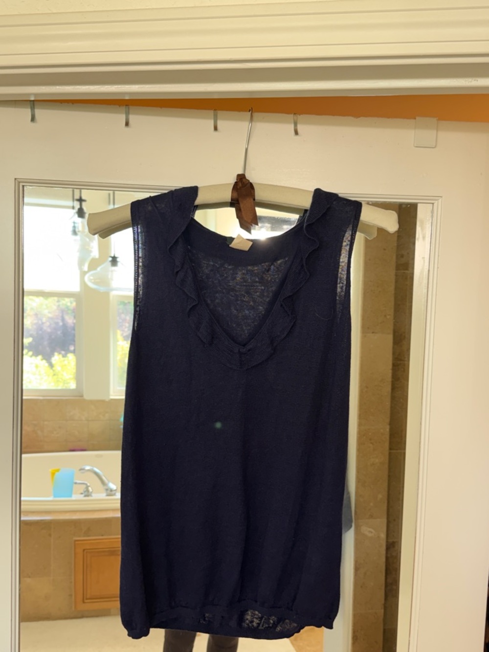 J. Crew Navy Ruffled V-Neck Linen Tank